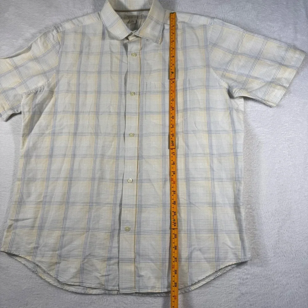 Banana Republic Button Down Shirt Mens L White Yellow Plaid Linen Cotton Blend‎